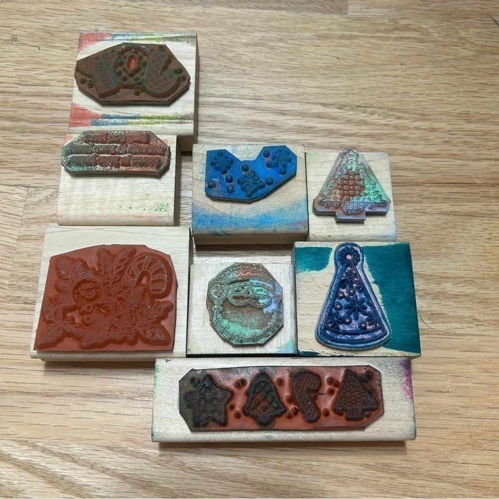 Vintage Christmas Wood Block Stamp Bundle Collection Set Santa Tree Joy